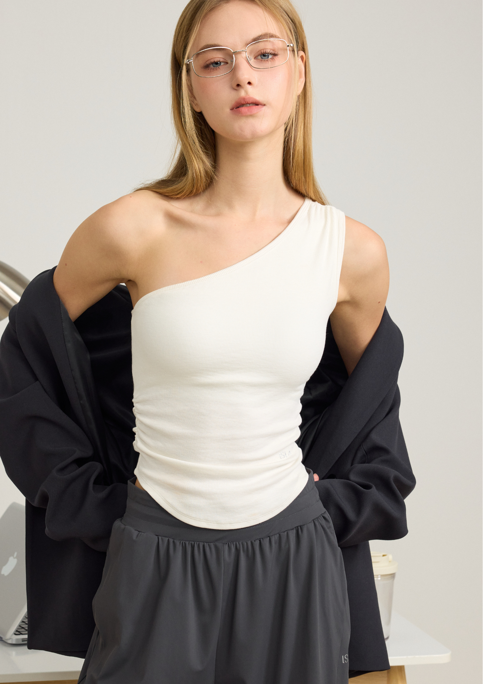 Women's one-shoulder built-in bra tank in Soft Ivory for yoga and everyday wear by ISLAHOLA